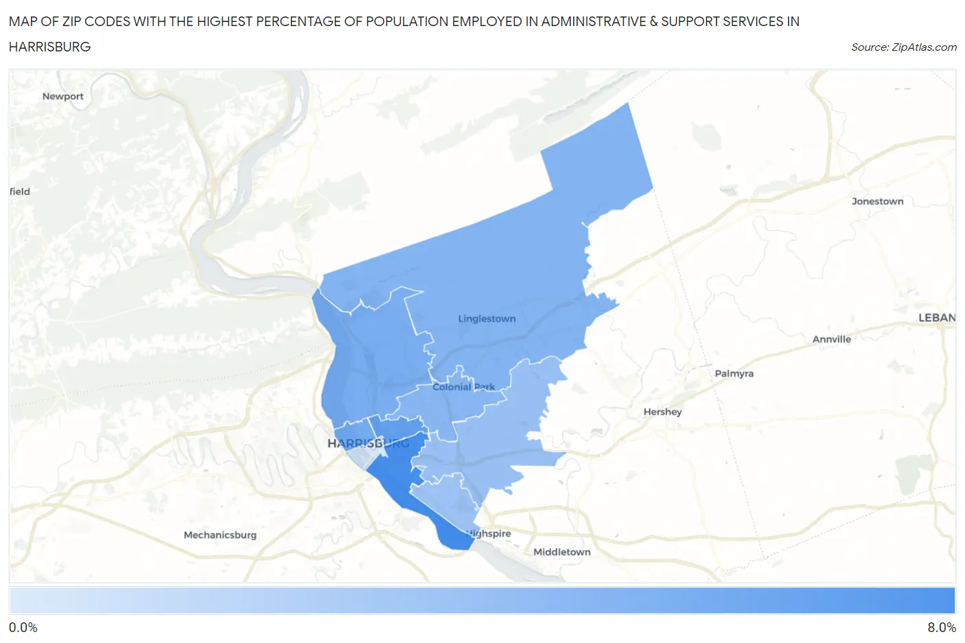 Zip Codes with the Highest Percentage of Population Employed in Administrative & Support Services in Harrisburg Map