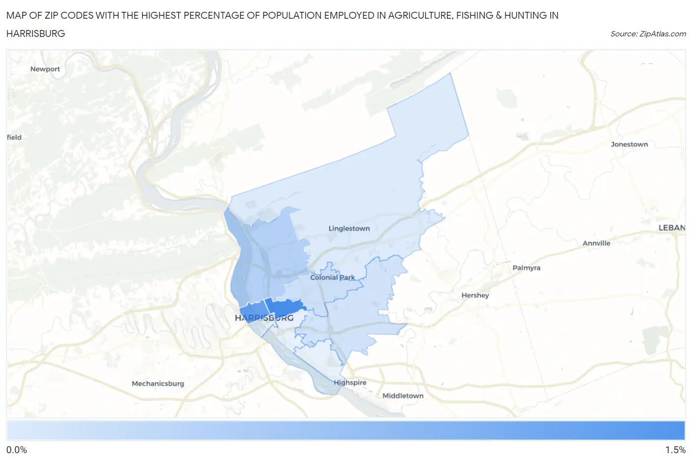 Zip Codes with the Highest Percentage of Population Employed in Agriculture, Fishing & Hunting in Harrisburg Map