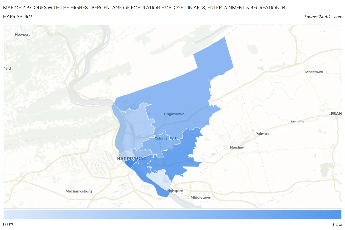 Zip Codes with the Highest Percentage of Population Employed in Arts, Entertainment & Recreation in Harrisburg Map