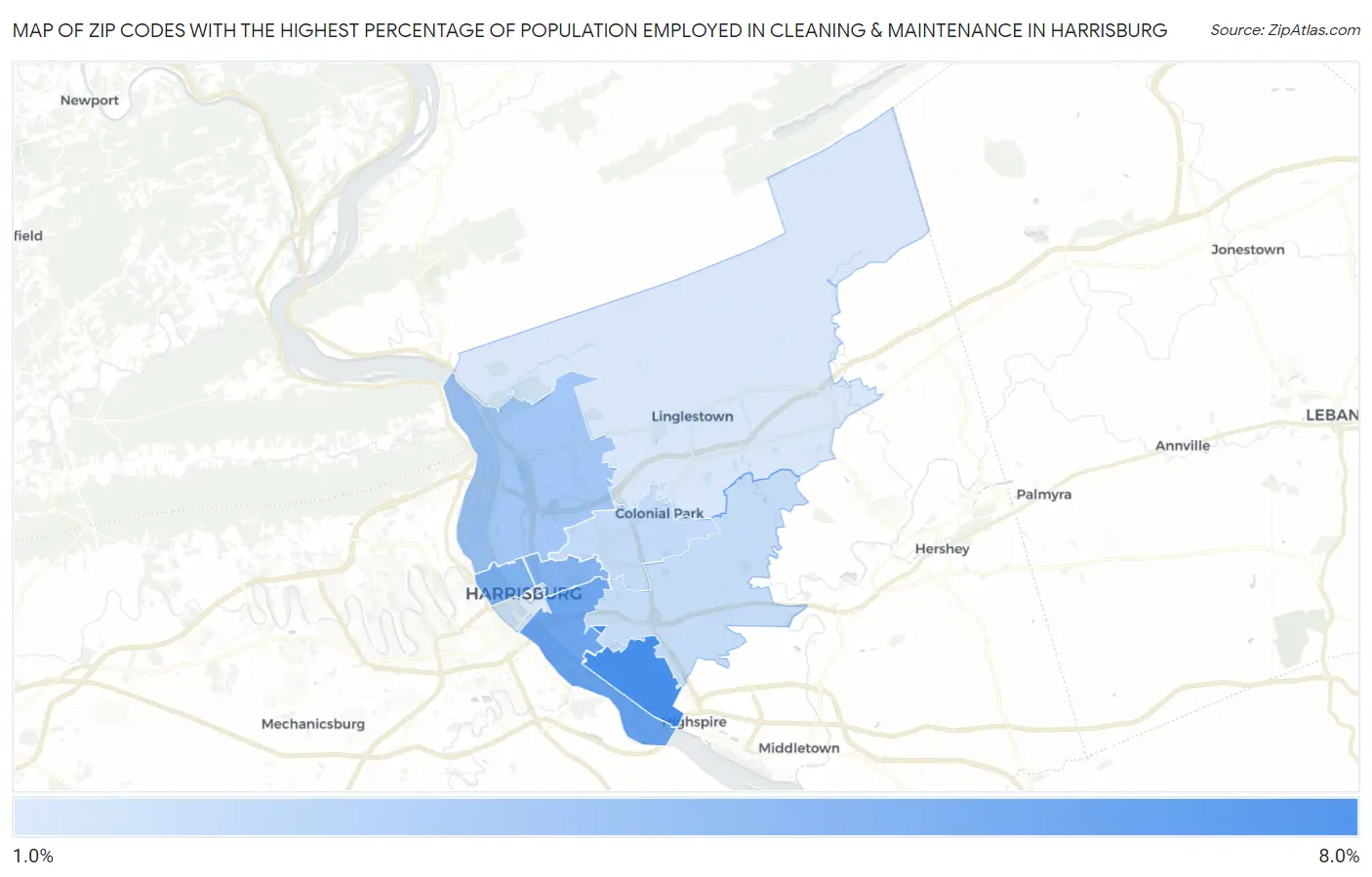 Zip Codes with the Highest Percentage of Population Employed in Cleaning & Maintenance in Harrisburg Map