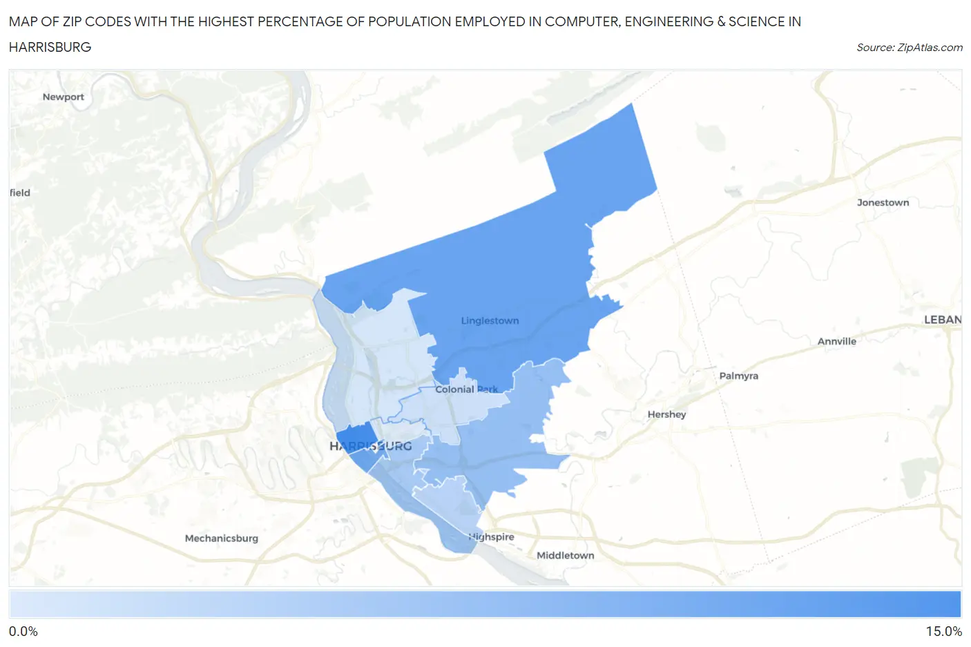 Zip Codes with the Highest Percentage of Population Employed in Computer, Engineering & Science in Harrisburg Map