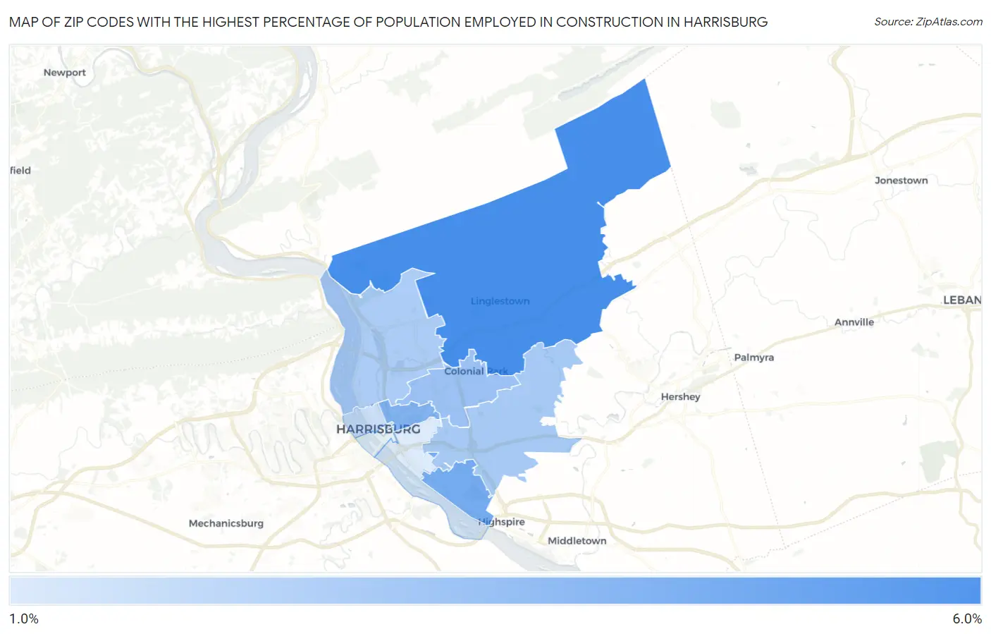 Zip Codes with the Highest Percentage of Population Employed in Construction in Harrisburg Map