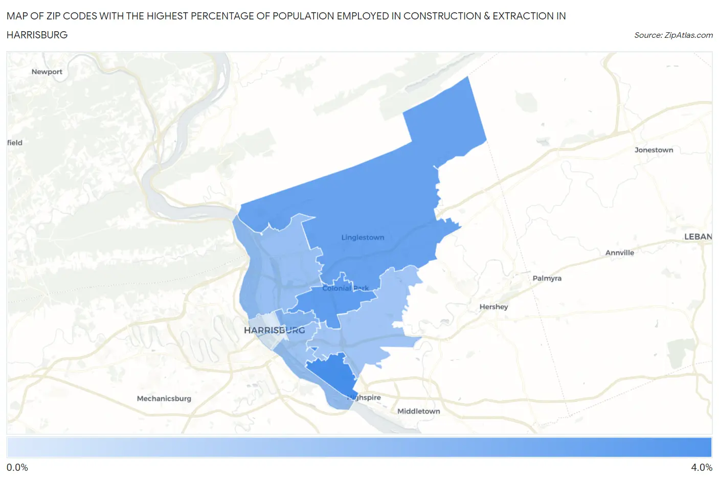Zip Codes with the Highest Percentage of Population Employed in Construction & Extraction in Harrisburg Map