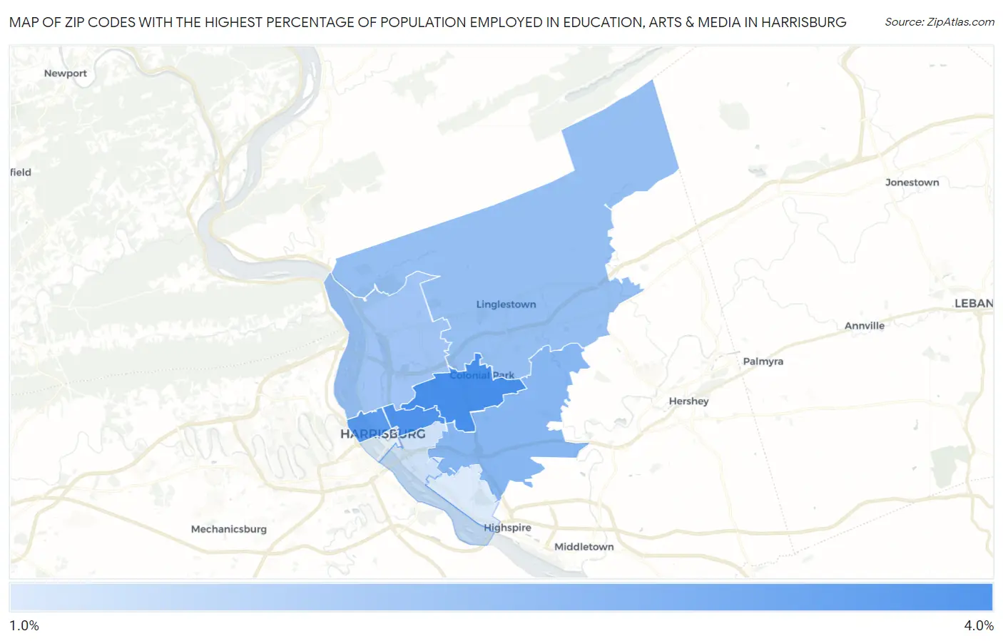Zip Codes with the Highest Percentage of Population Employed in Education, Arts & Media in Harrisburg Map