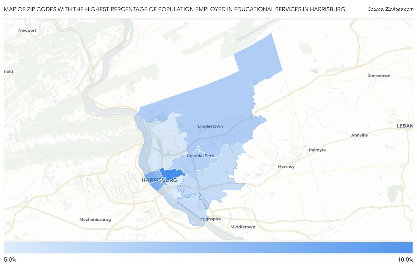 Zip Codes with the Highest Percentage of Population Employed in Educational Services in Harrisburg Map