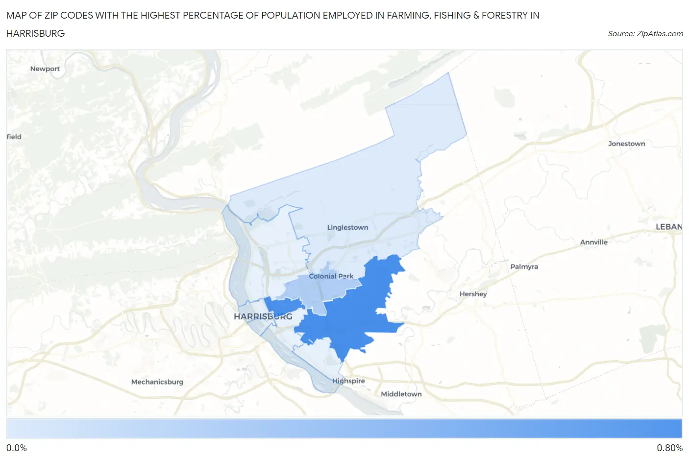 Zip Codes with the Highest Percentage of Population Employed in Farming, Fishing & Forestry in Harrisburg Map
