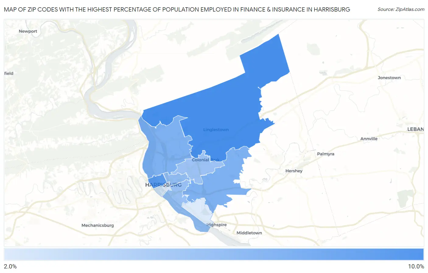 Zip Codes with the Highest Percentage of Population Employed in Finance & Insurance in Harrisburg Map