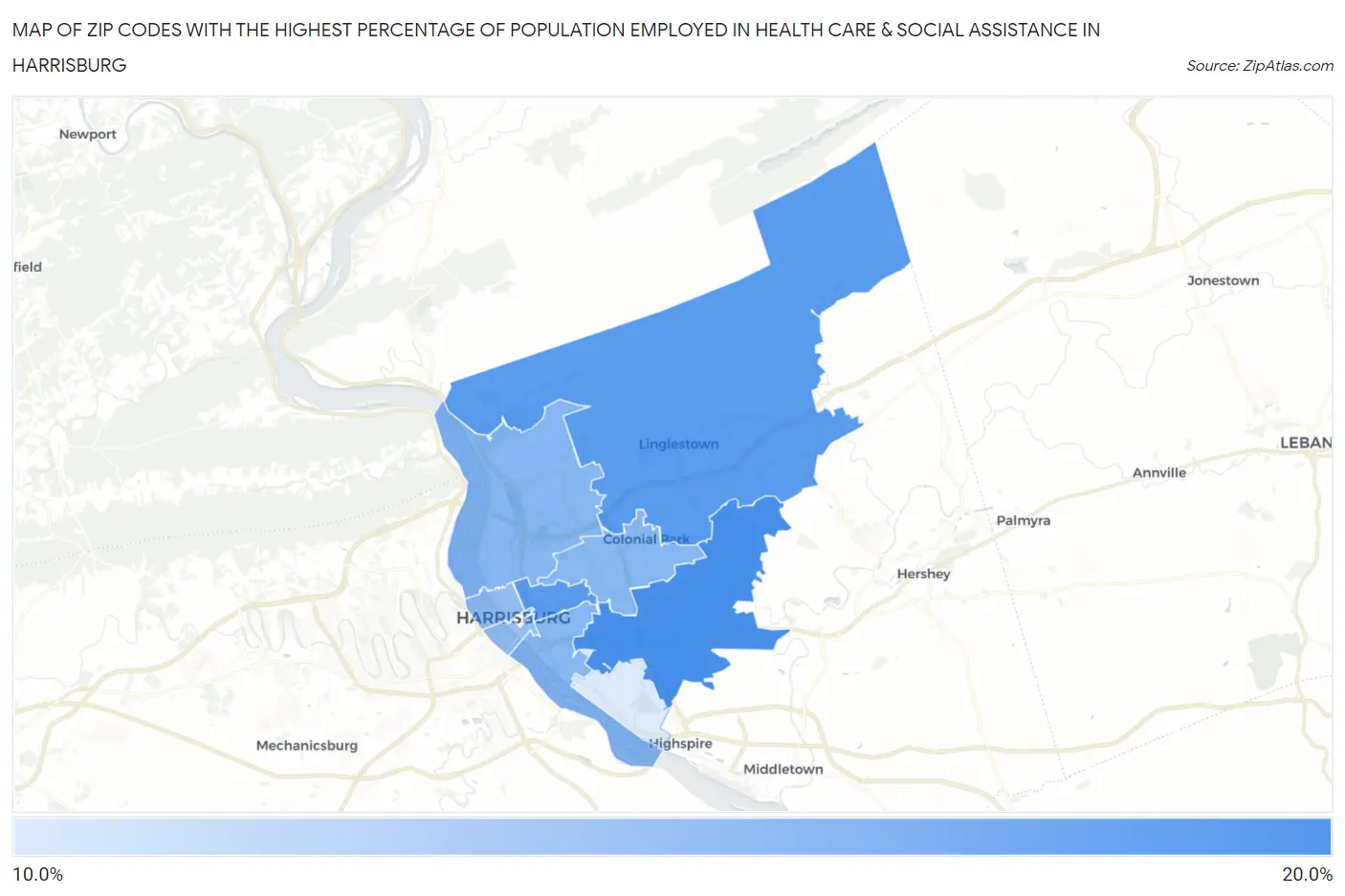 Zip Codes with the Highest Percentage of Population Employed in Health Care & Social Assistance in Harrisburg Map