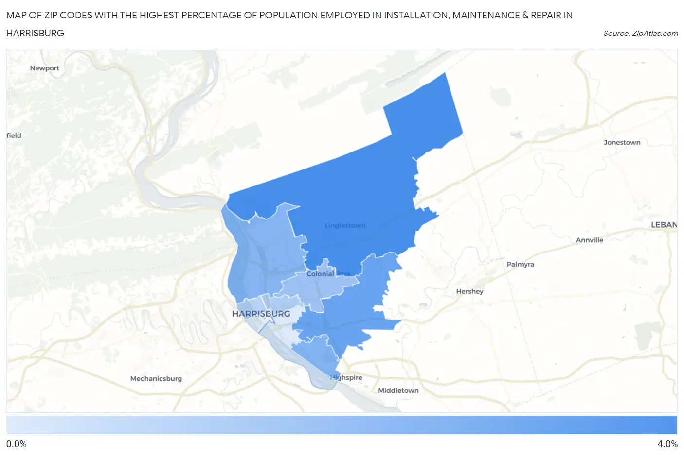 Zip Codes with the Highest Percentage of Population Employed in Installation, Maintenance & Repair in Harrisburg Map
