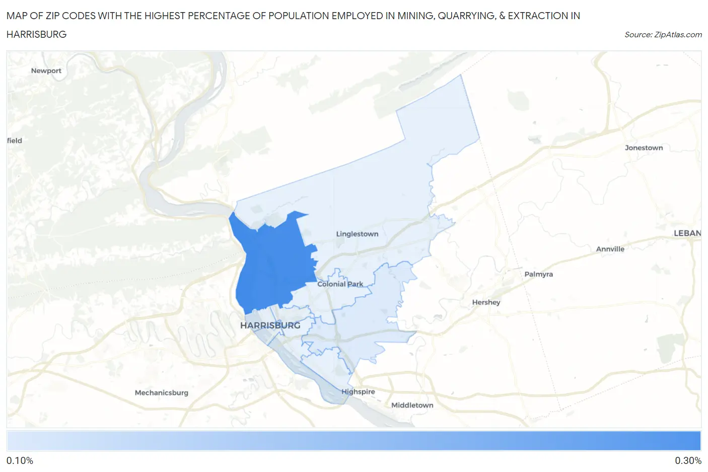 Zip Codes with the Highest Percentage of Population Employed in Mining, Quarrying, & Extraction in Harrisburg Map