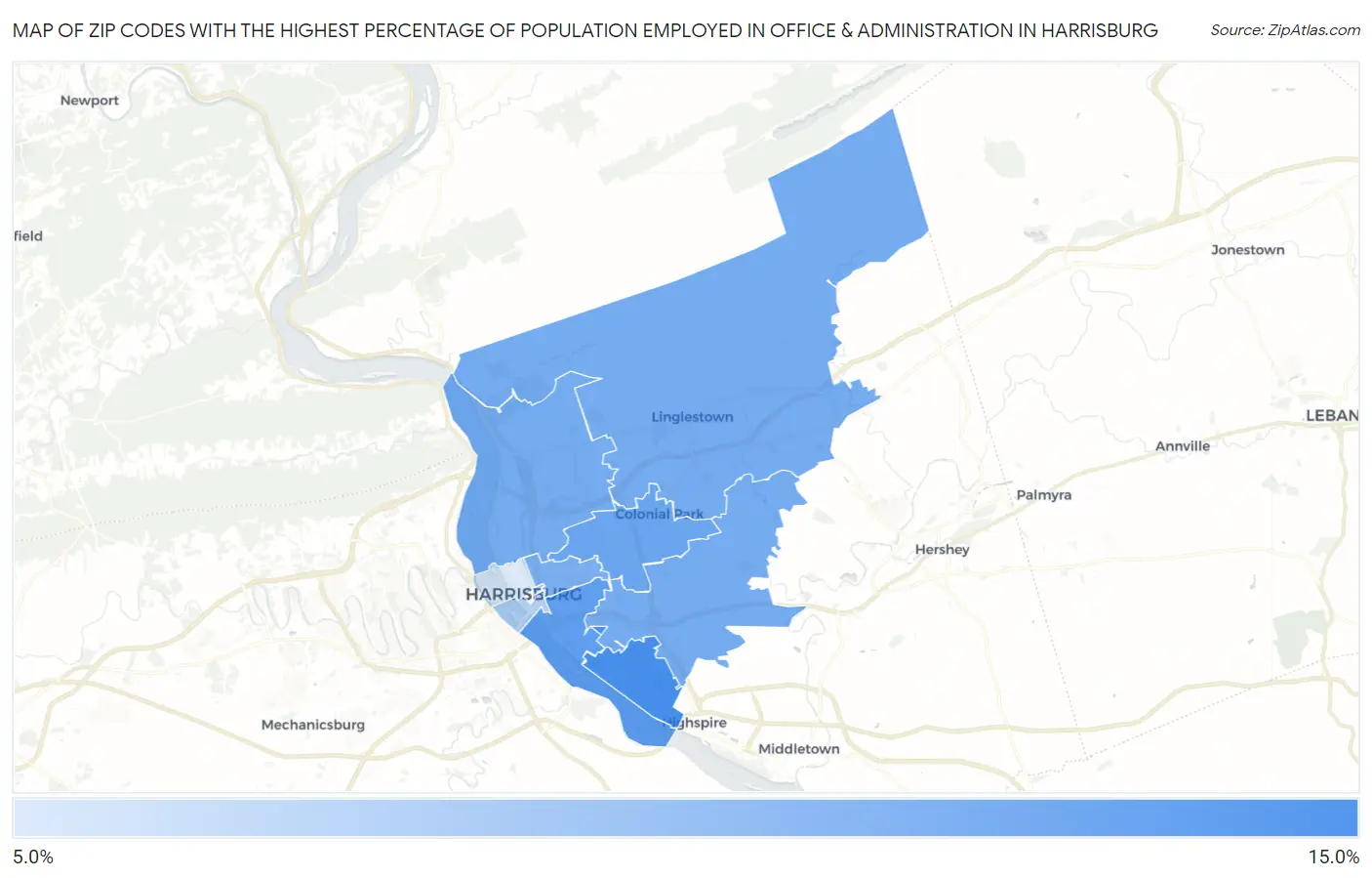 Zip Codes with the Highest Percentage of Population Employed in Office & Administration in Harrisburg Map