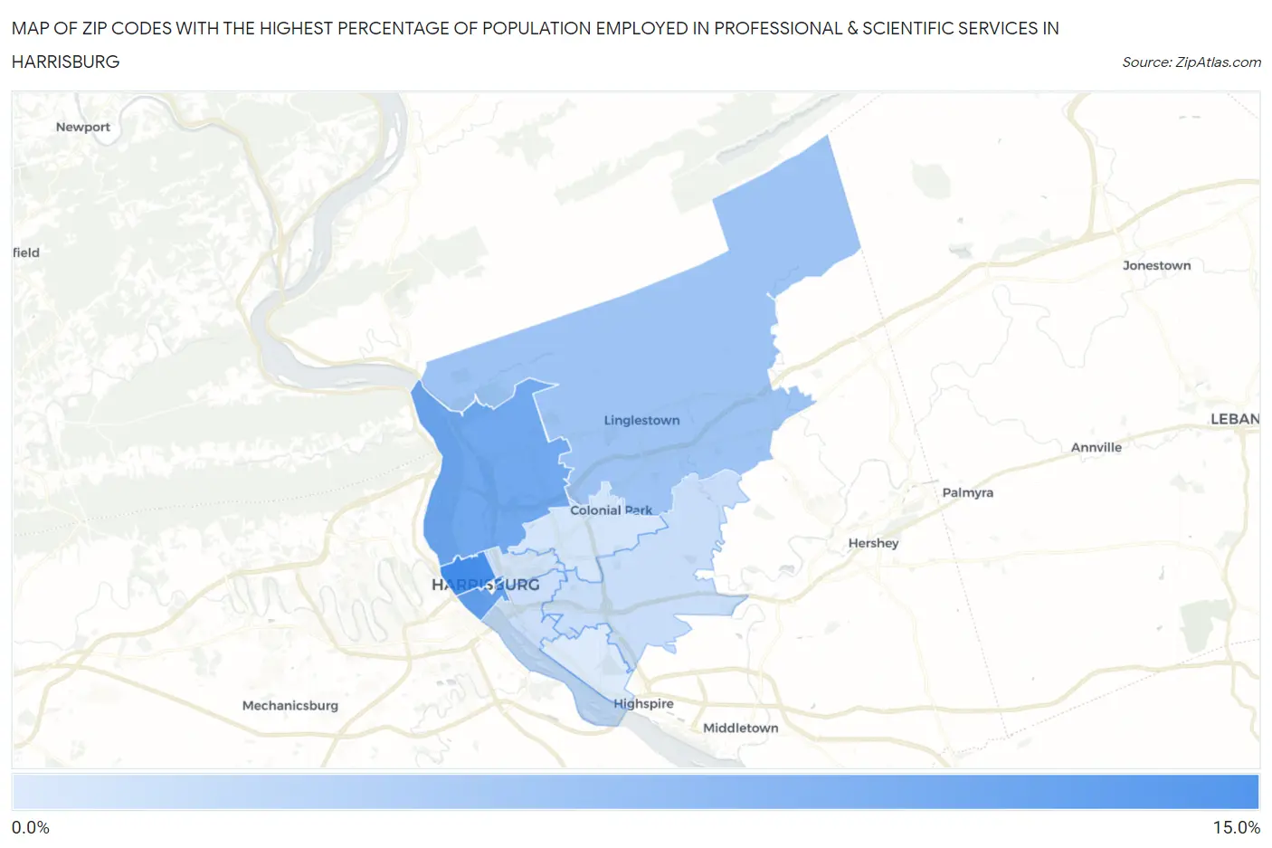 Zip Codes with the Highest Percentage of Population Employed in Professional & Scientific Services in Harrisburg Map