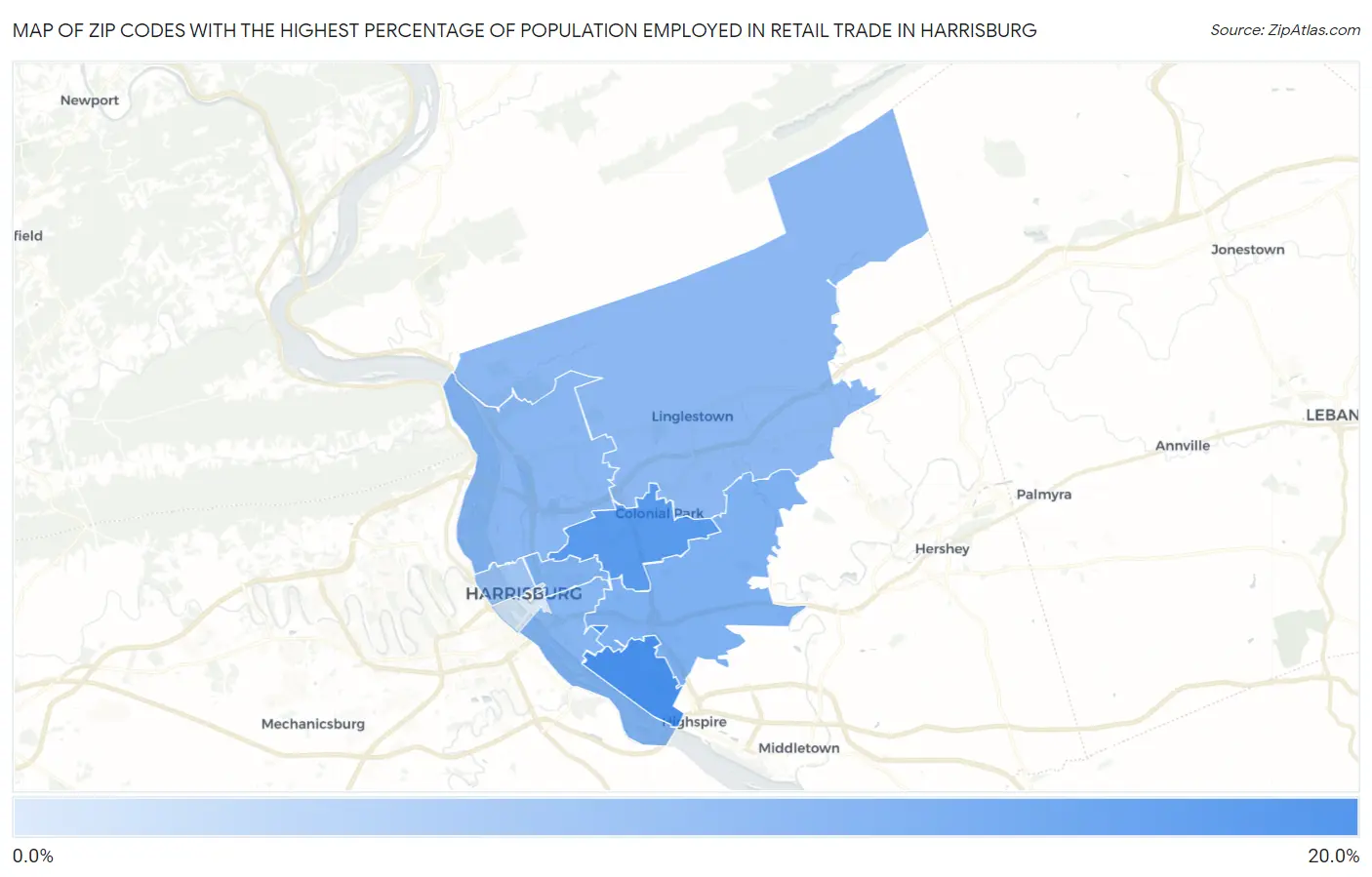 Zip Codes with the Highest Percentage of Population Employed in Retail Trade in Harrisburg Map