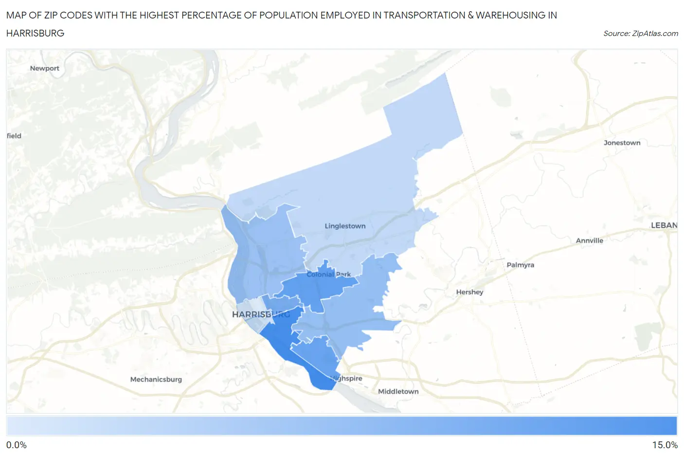 Zip Codes with the Highest Percentage of Population Employed in Transportation & Warehousing in Harrisburg Map