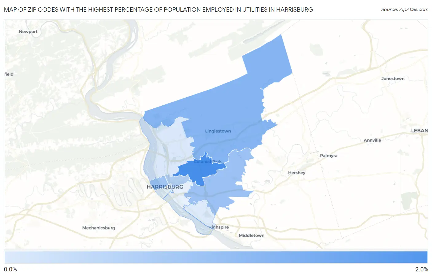 Zip Codes with the Highest Percentage of Population Employed in Utilities in Harrisburg Map
