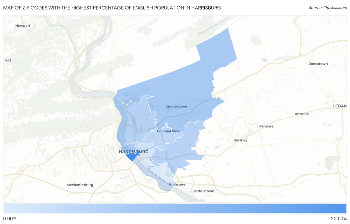 Zip Codes with the Highest Percentage of English Population in Harrisburg Map