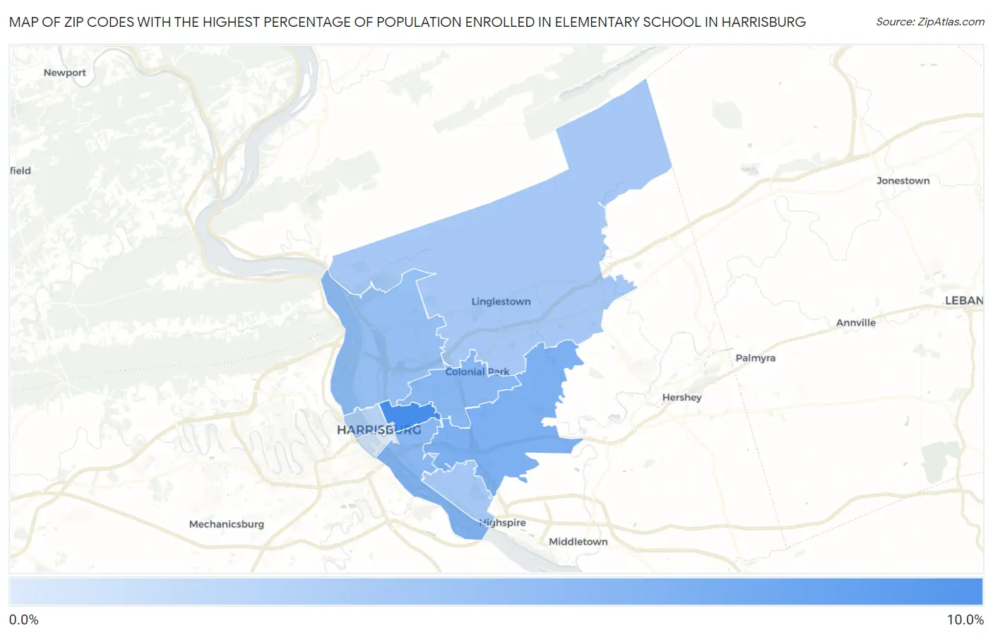 Zip Codes with the Highest Percentage of Population Enrolled in Elementary School in Harrisburg Map