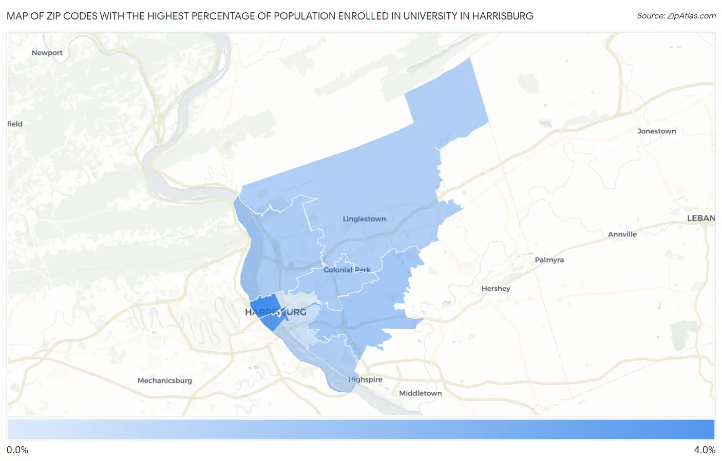 Zip Codes with the Highest Percentage of Population Enrolled in University in Harrisburg Map