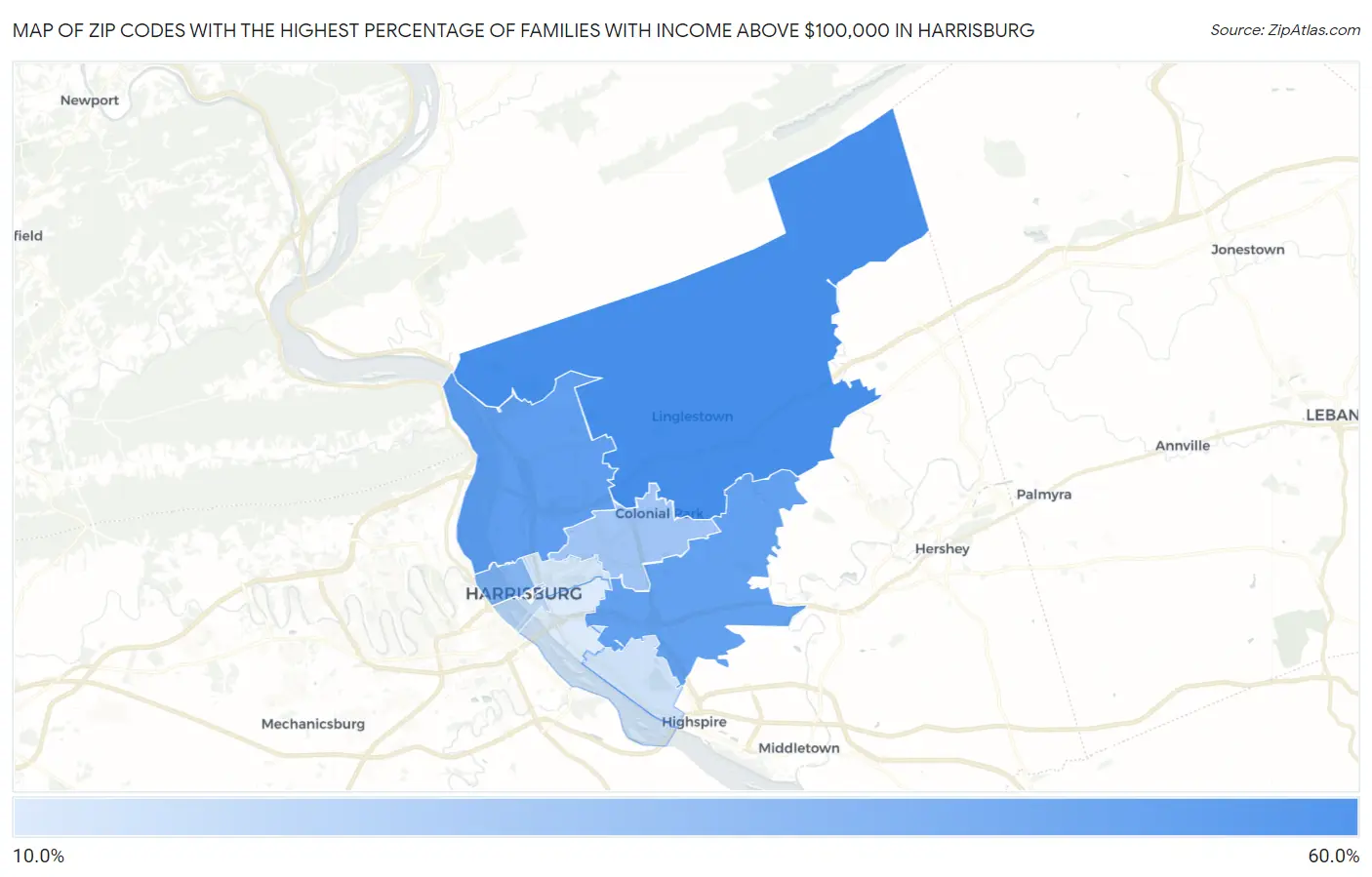 Zip Codes with the Highest Percentage of Families with Income Above $100,000 in Harrisburg Map