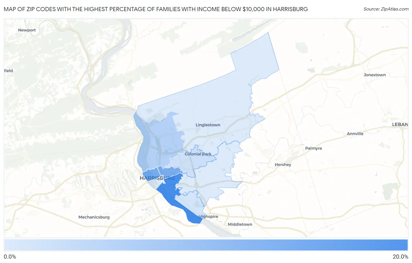 Zip Codes with the Highest Percentage of Families with Income Below $10,000 in Harrisburg Map