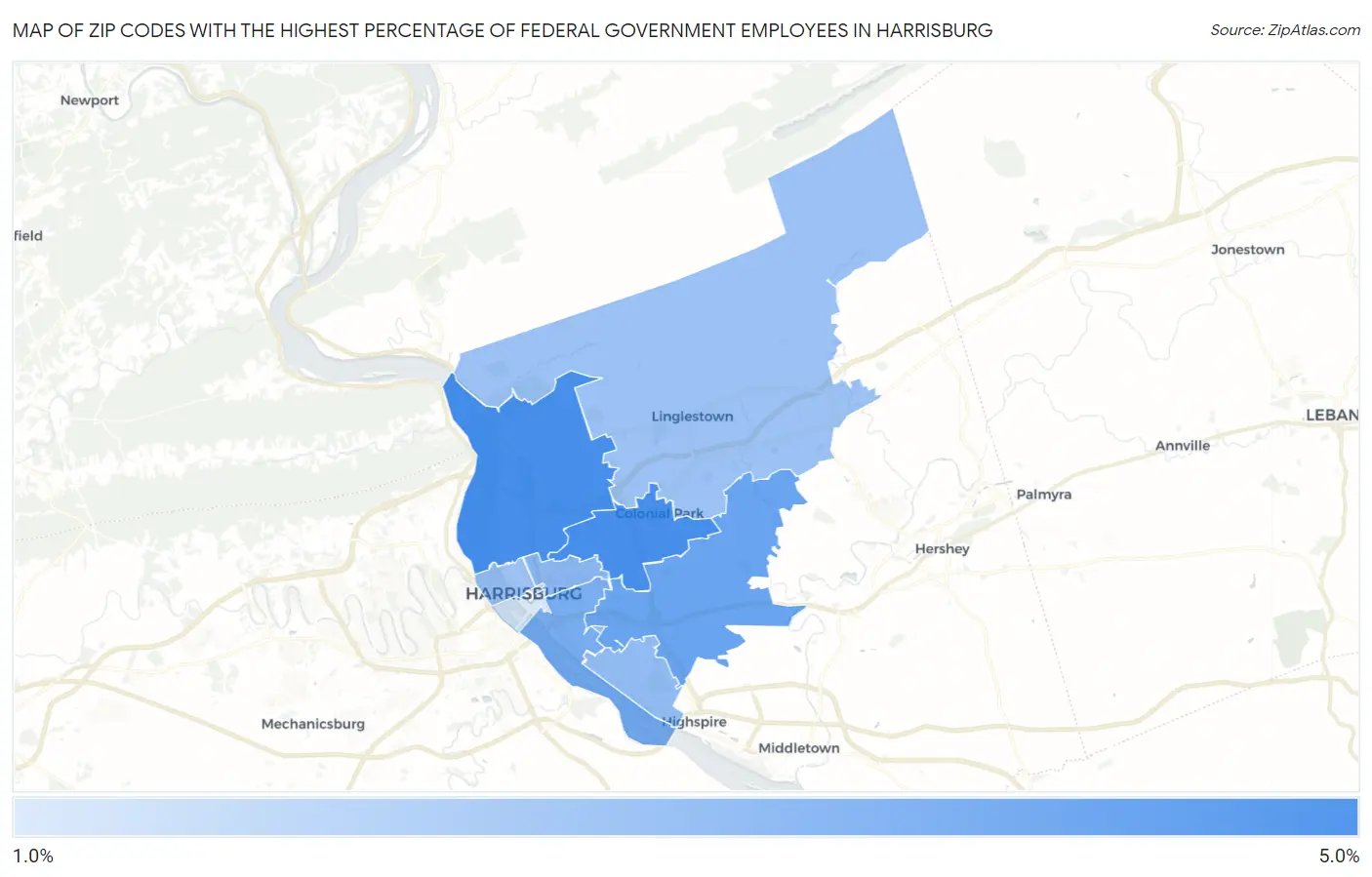 Zip Codes with the Highest Percentage of Federal Government Employees in Harrisburg Map