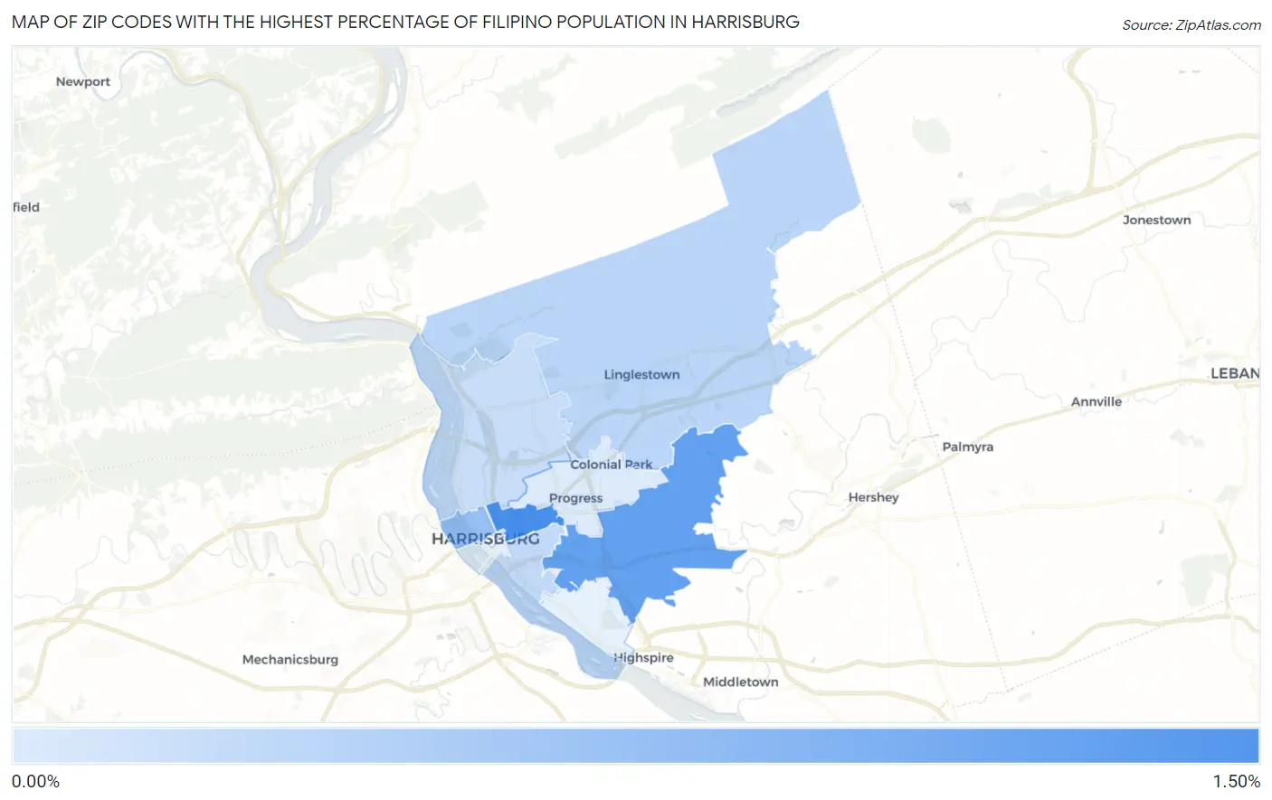 Zip Codes with the Highest Percentage of Filipino Population in Harrisburg Map