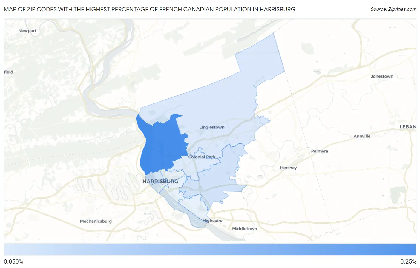 Zip Codes with the Highest Percentage of French Canadian Population in Harrisburg Map