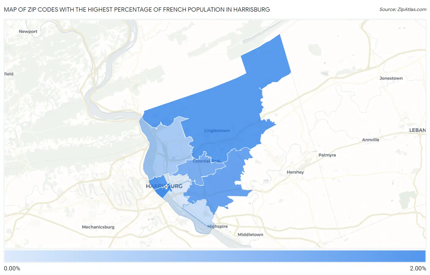 Zip Codes with the Highest Percentage of French Population in Harrisburg Map