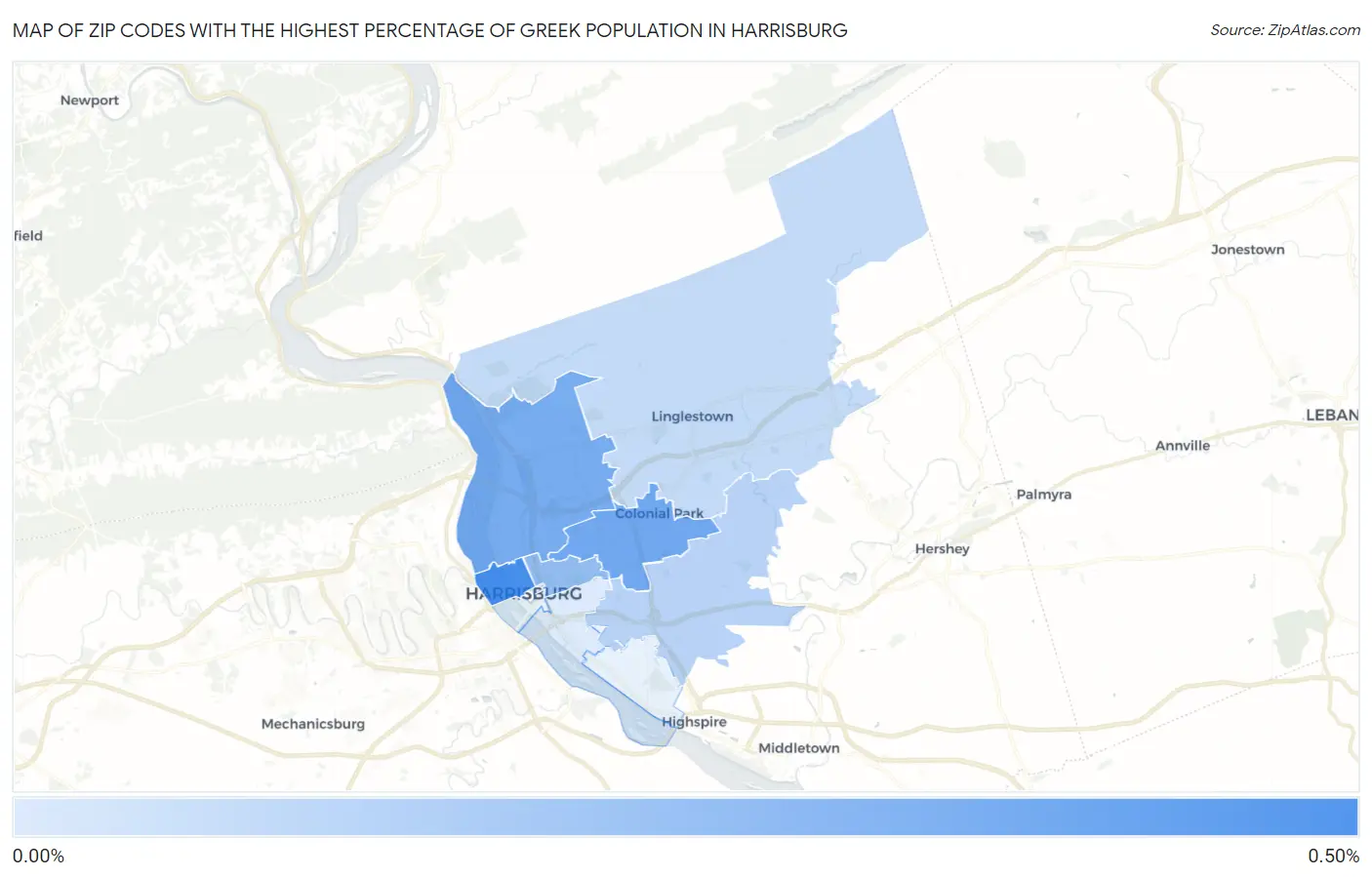 Zip Codes with the Highest Percentage of Greek Population in Harrisburg Map