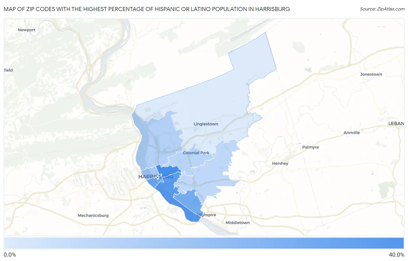 Zip Codes with the Highest Percentage of Hispanic or Latino Population in Harrisburg Map