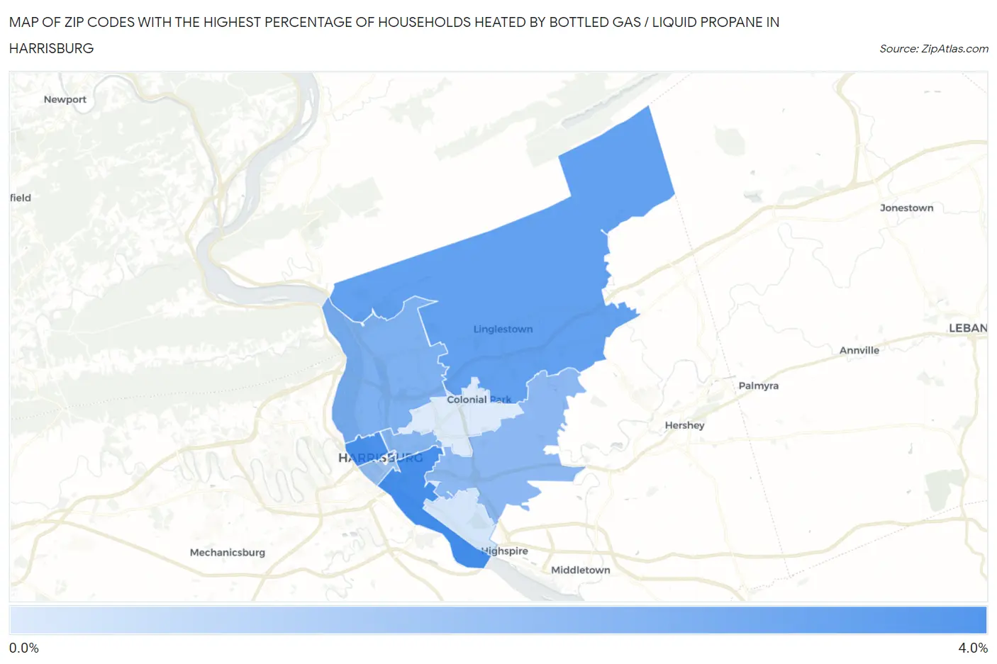 Zip Codes with the Highest Percentage of Households Heated by Bottled Gas / Liquid Propane in Harrisburg Map