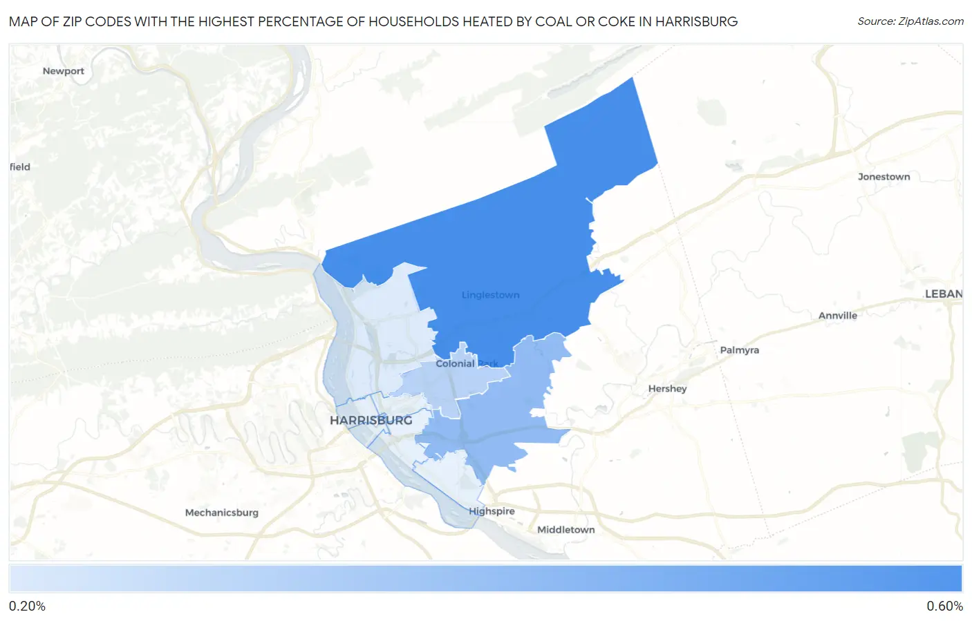 Zip Codes with the Highest Percentage of Households Heated by Coal or Coke in Harrisburg Map