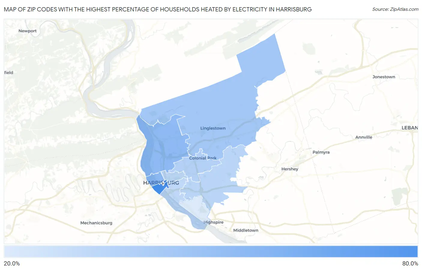 Zip Codes with the Highest Percentage of Households Heated by Electricity in Harrisburg Map