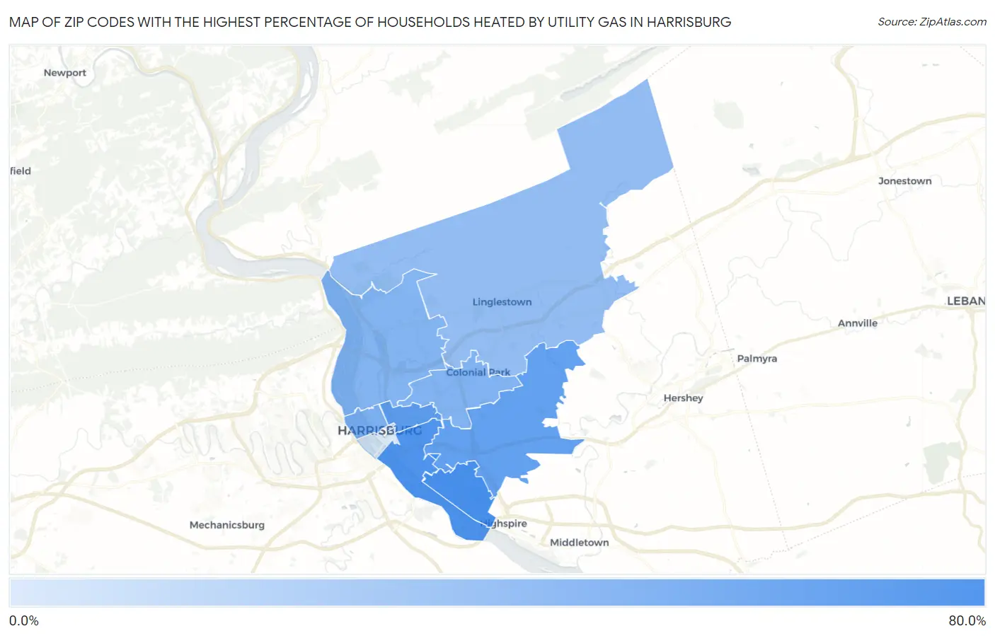 Zip Codes with the Highest Percentage of Households Heated by Utility Gas in Harrisburg Map