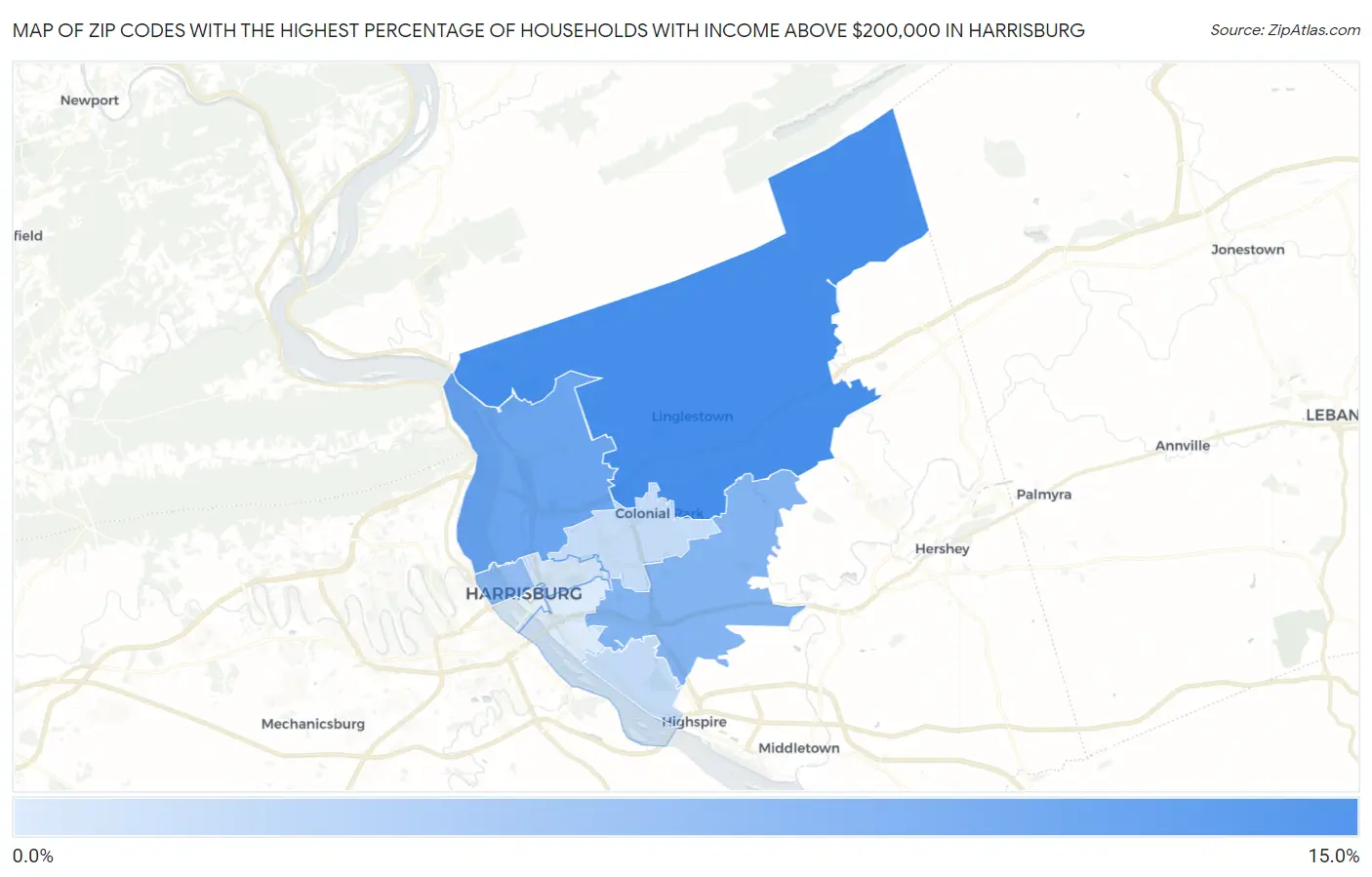 Zip Codes with the Highest Percentage of Households with Income Above $200,000 in Harrisburg Map