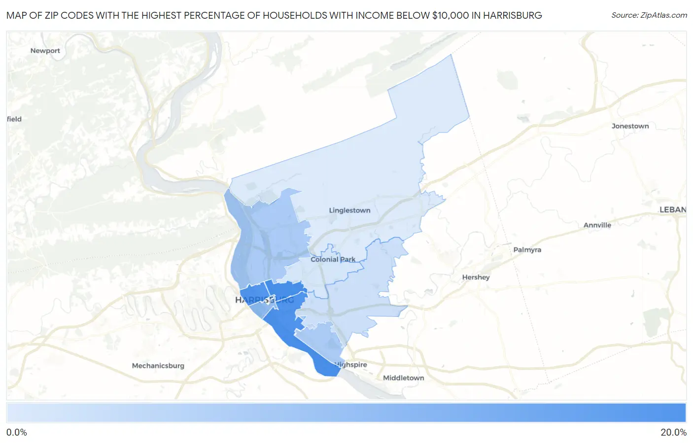 Zip Codes with the Highest Percentage of Households with Income Below $10,000 in Harrisburg Map