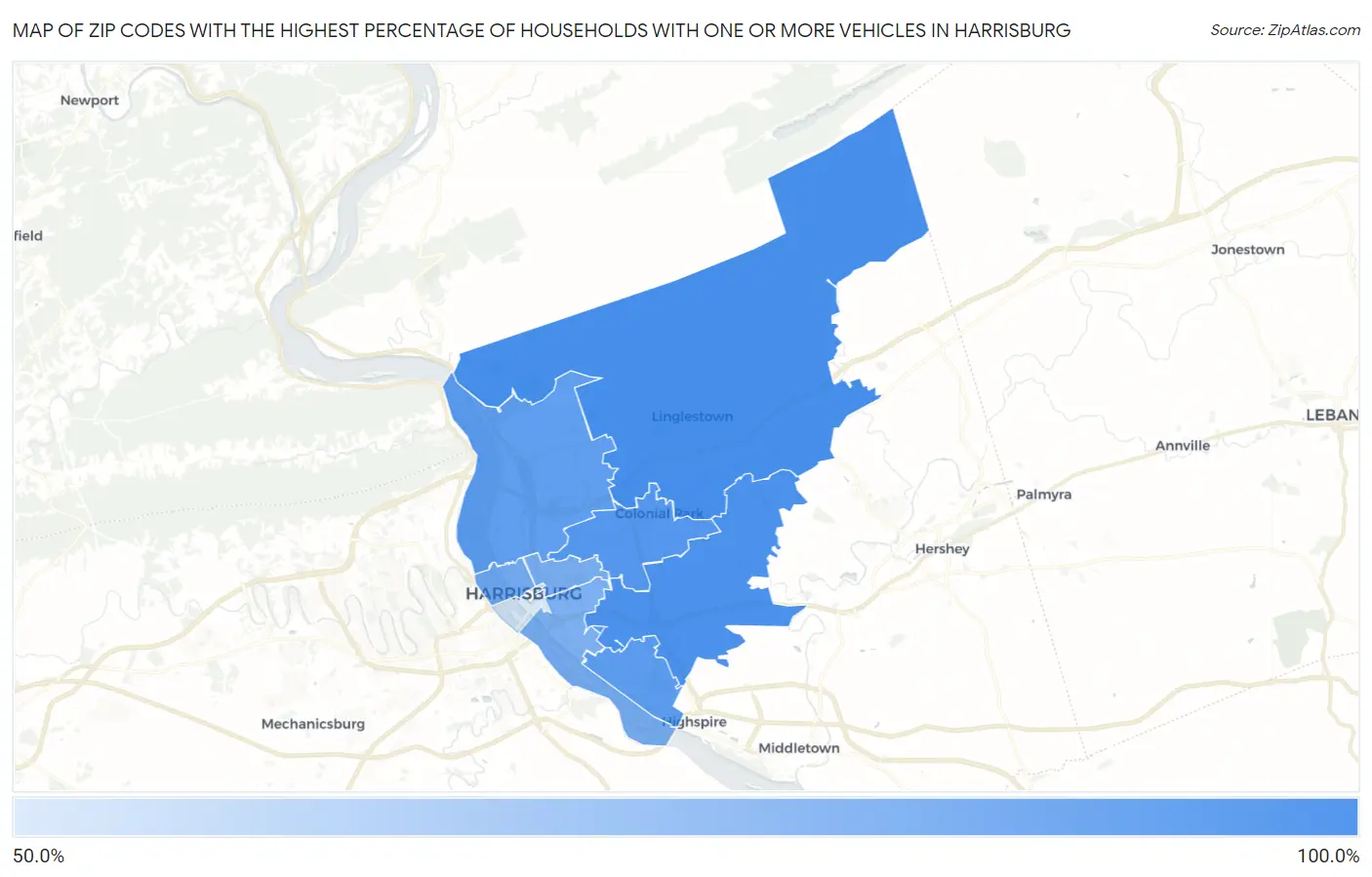 Zip Codes with the Highest Percentage of Households With One or more Vehicles in Harrisburg Map