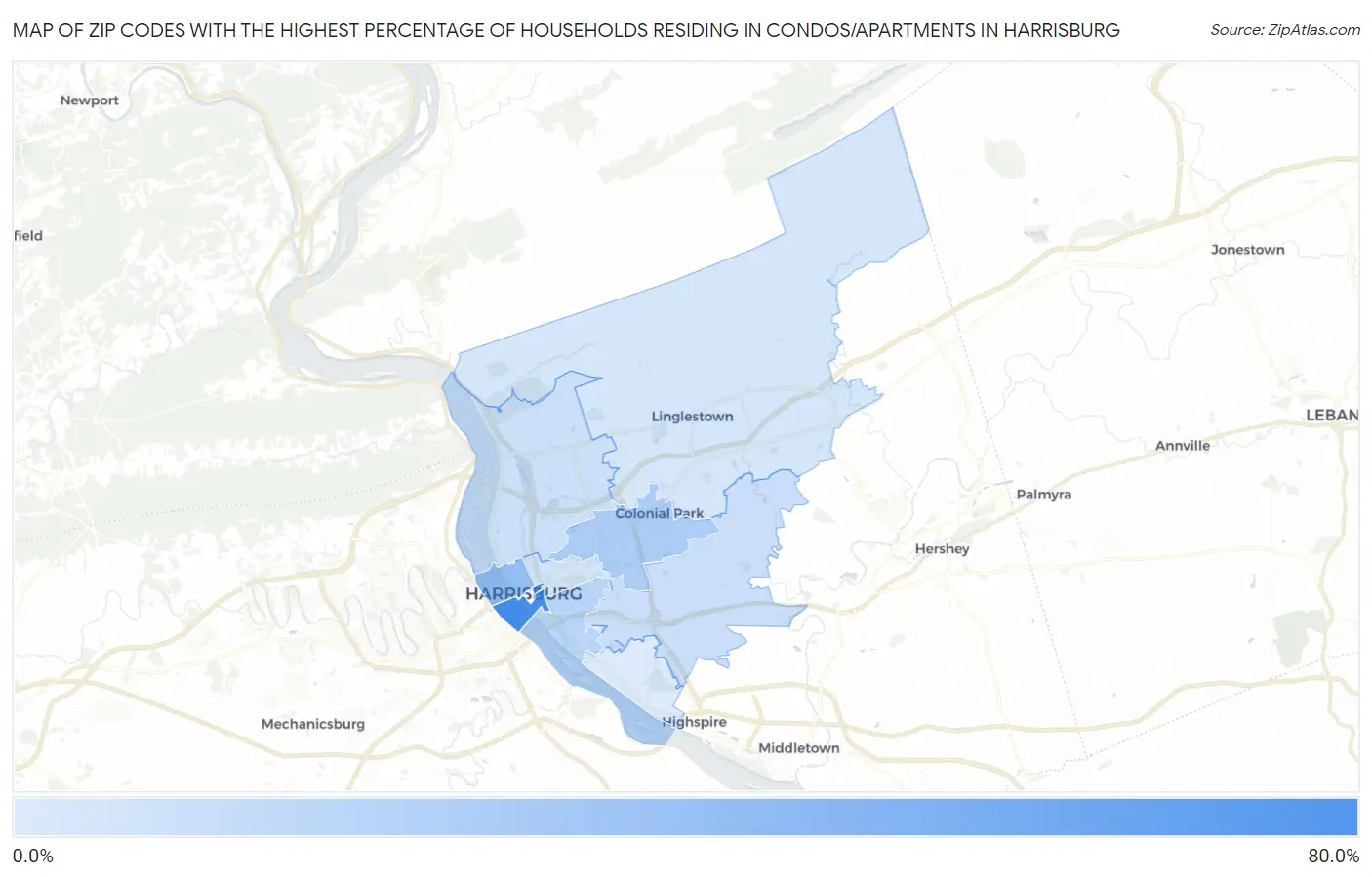 Zip Codes with the Highest Percentage of Households Residing in Condos/Apartments in Harrisburg Map
