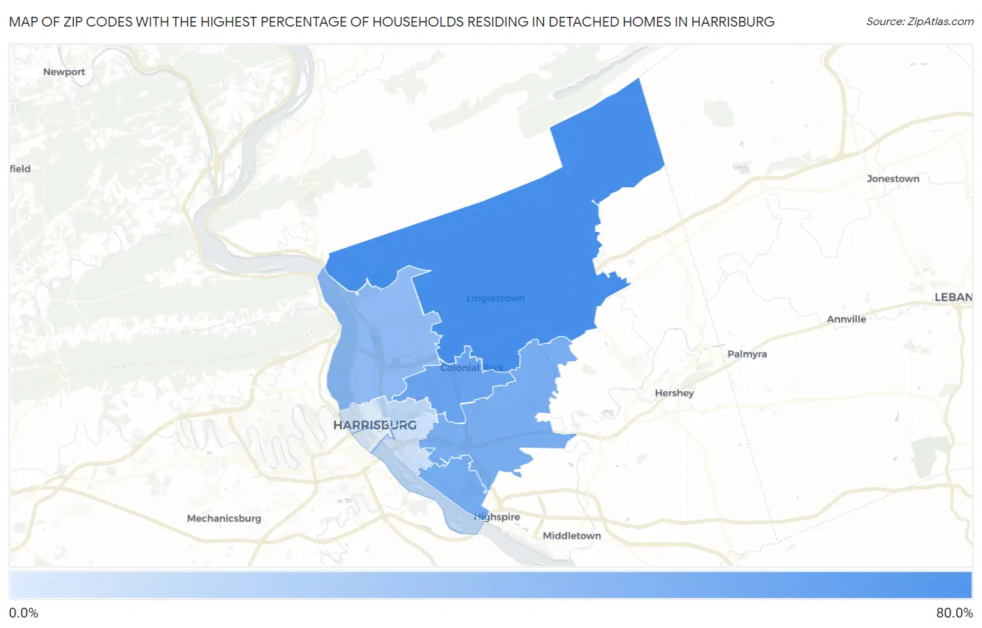 Zip Codes with the Highest Percentage of Households Residing in Detached Homes in Harrisburg Map