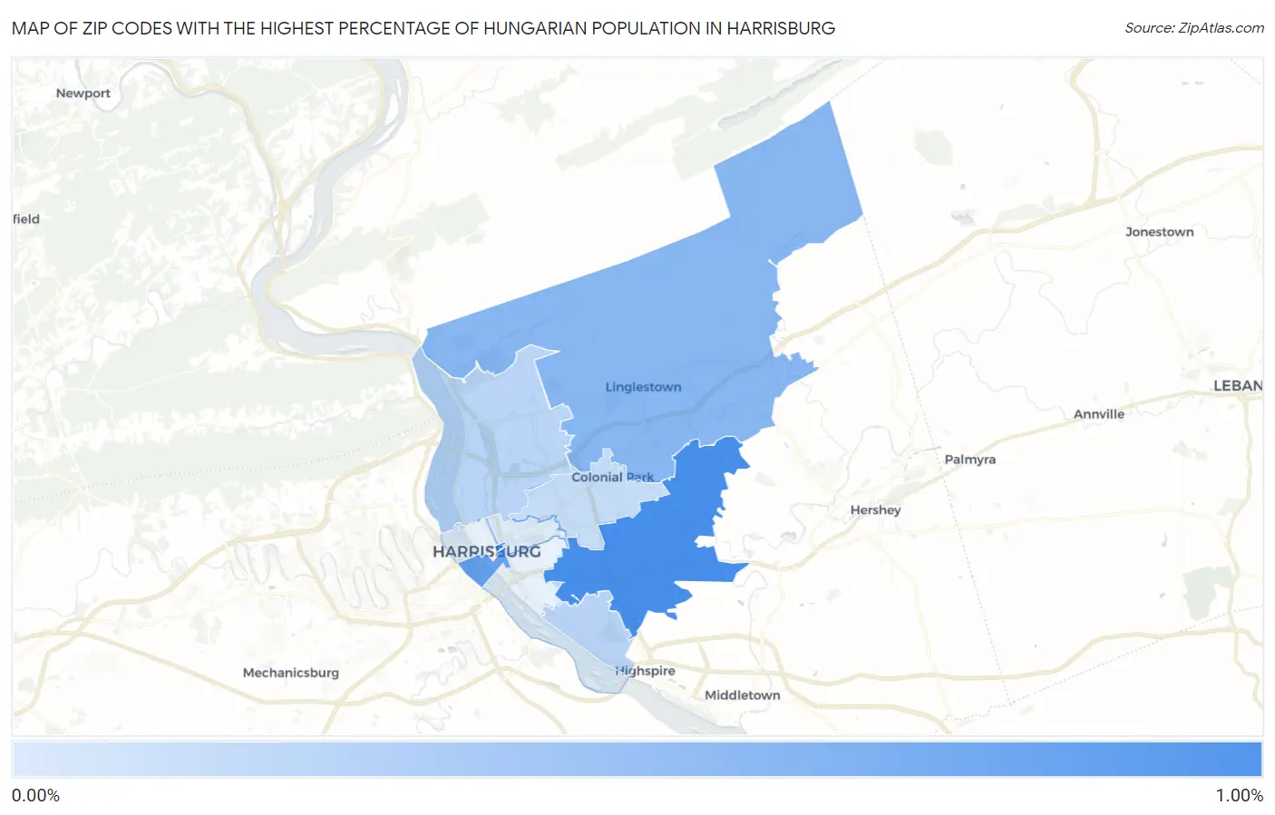 Zip Codes with the Highest Percentage of Hungarian Population in Harrisburg Map