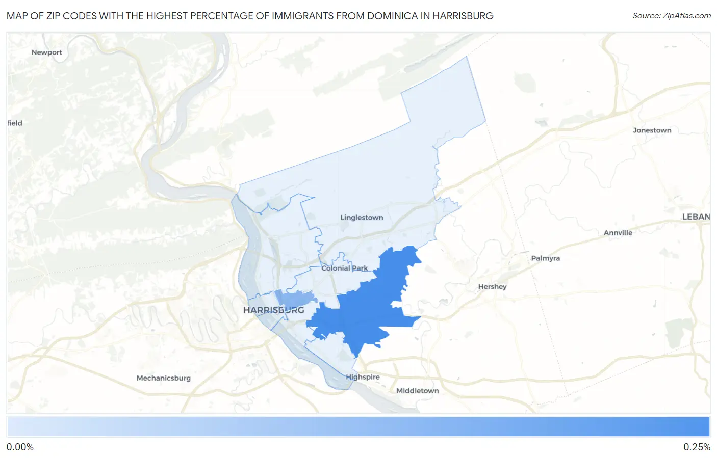 Zip Codes with the Highest Percentage of Immigrants from Dominica in Harrisburg Map