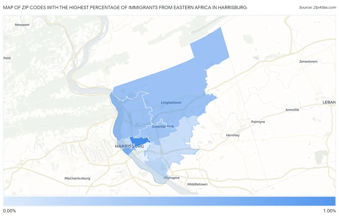 Zip Codes with the Highest Percentage of Immigrants from Eastern Africa in Harrisburg Map