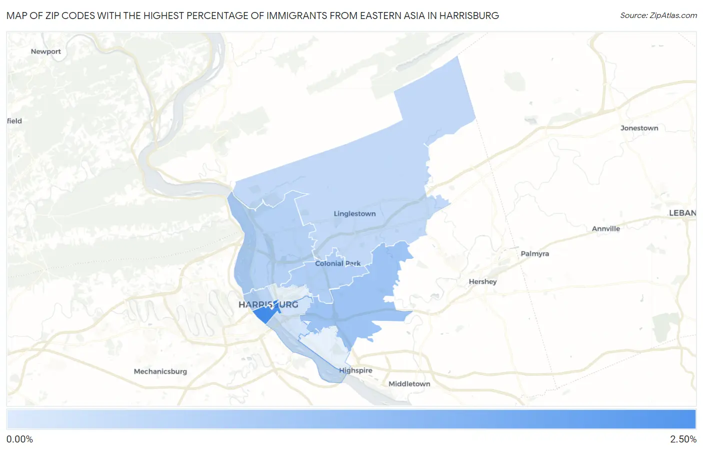 Zip Codes with the Highest Percentage of Immigrants from Eastern Asia in Harrisburg Map