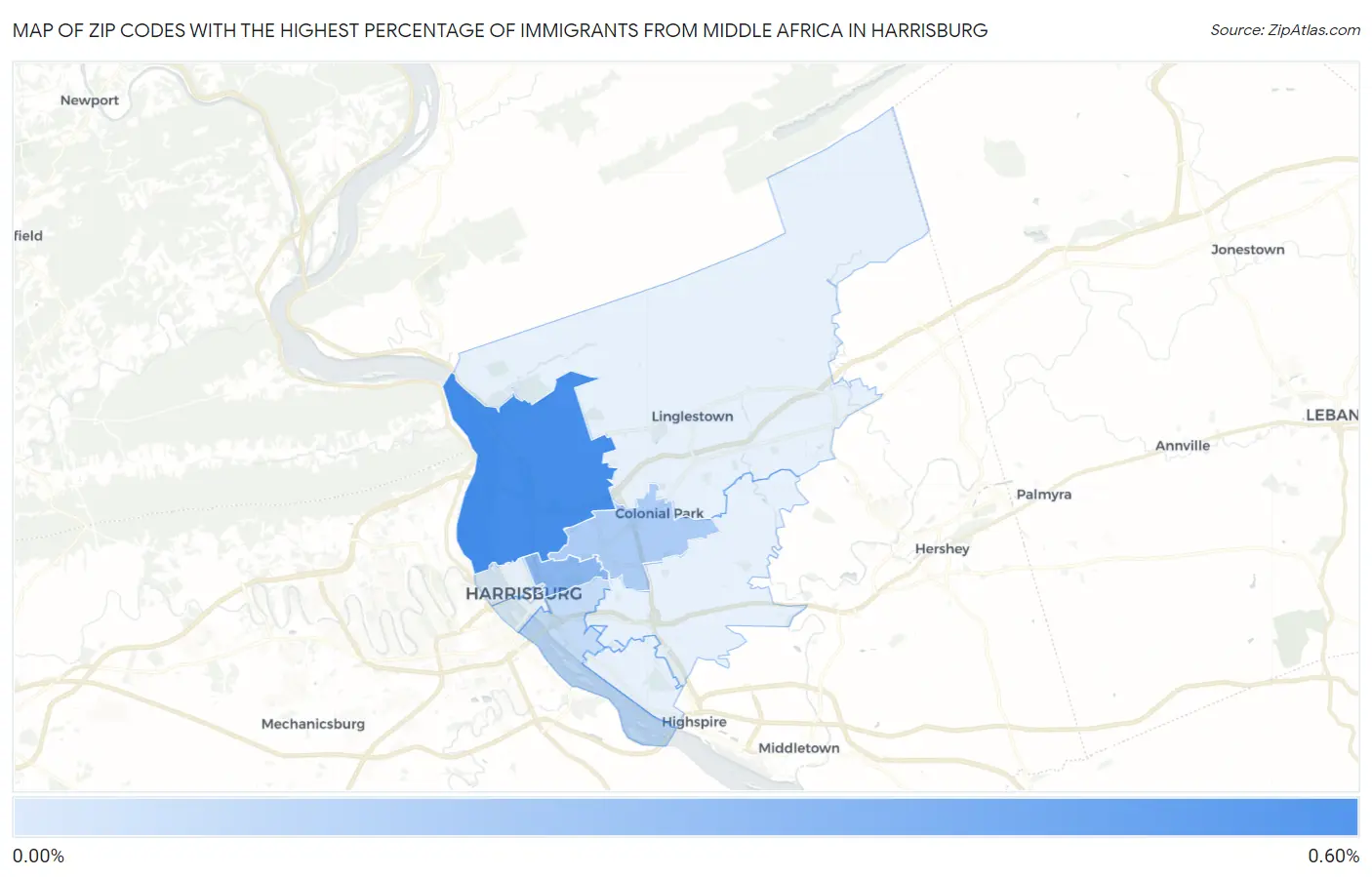 Zip Codes with the Highest Percentage of Immigrants from Middle Africa in Harrisburg Map