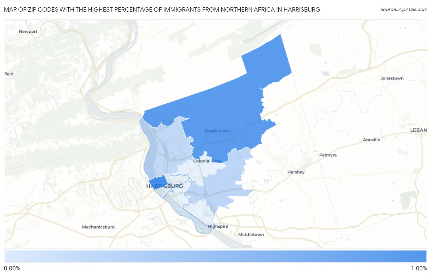 Zip Codes with the Highest Percentage of Immigrants from Northern Africa in Harrisburg Map