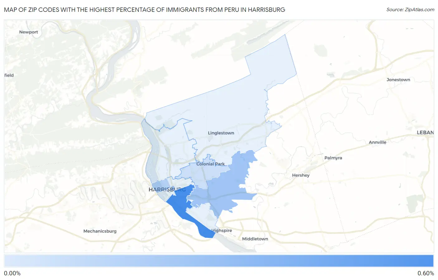 Zip Codes with the Highest Percentage of Immigrants from Peru in Harrisburg Map