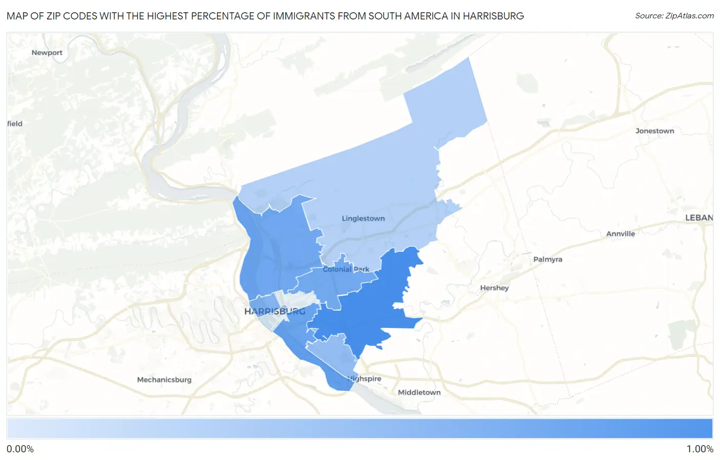 Zip Codes with the Highest Percentage of Immigrants from South America in Harrisburg Map