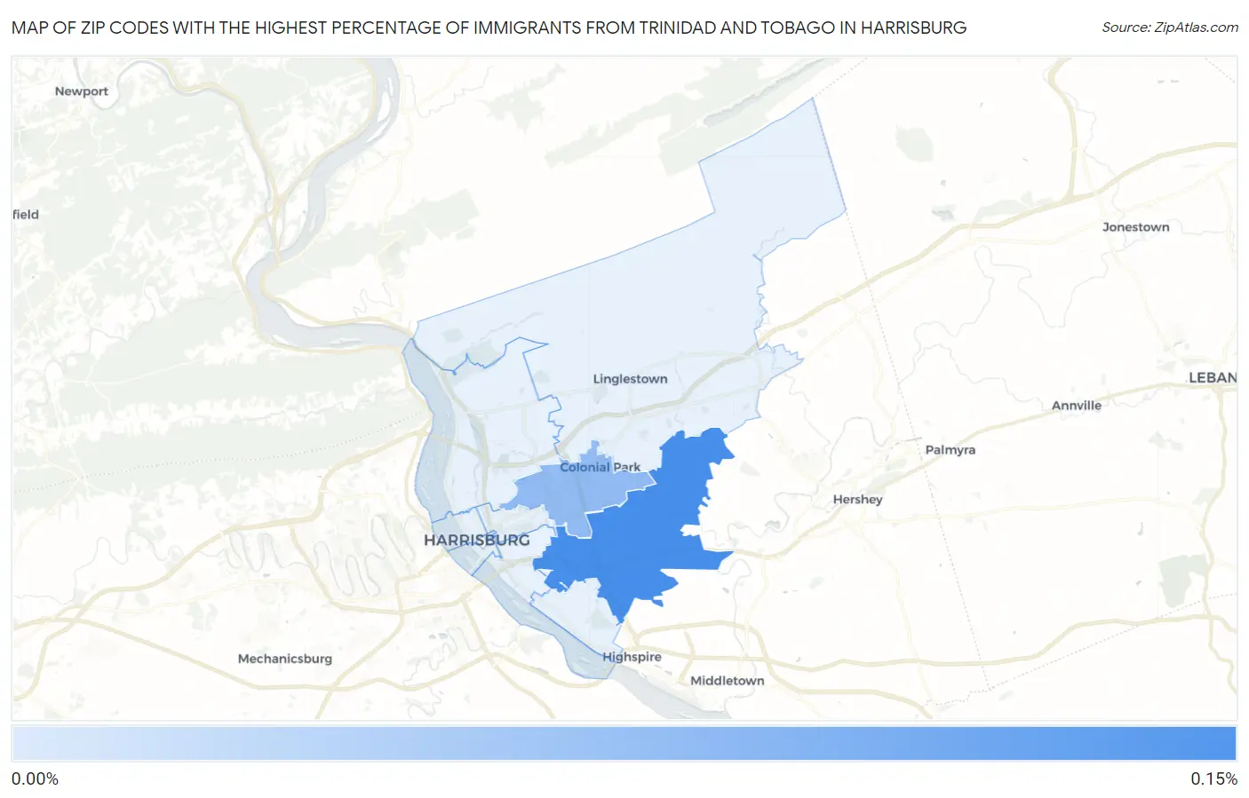 Zip Codes with the Highest Percentage of Immigrants from Trinidad and Tobago in Harrisburg Map