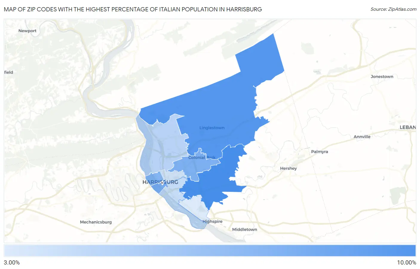 Zip Codes with the Highest Percentage of Italian Population in Harrisburg Map