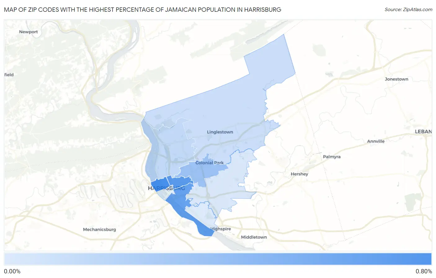 Zip Codes with the Highest Percentage of Jamaican Population in Harrisburg Map